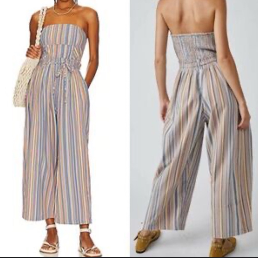 Free People Medium Roaming Shores Strapless Cotton Jumpsuit Blue Wide Leg Boho